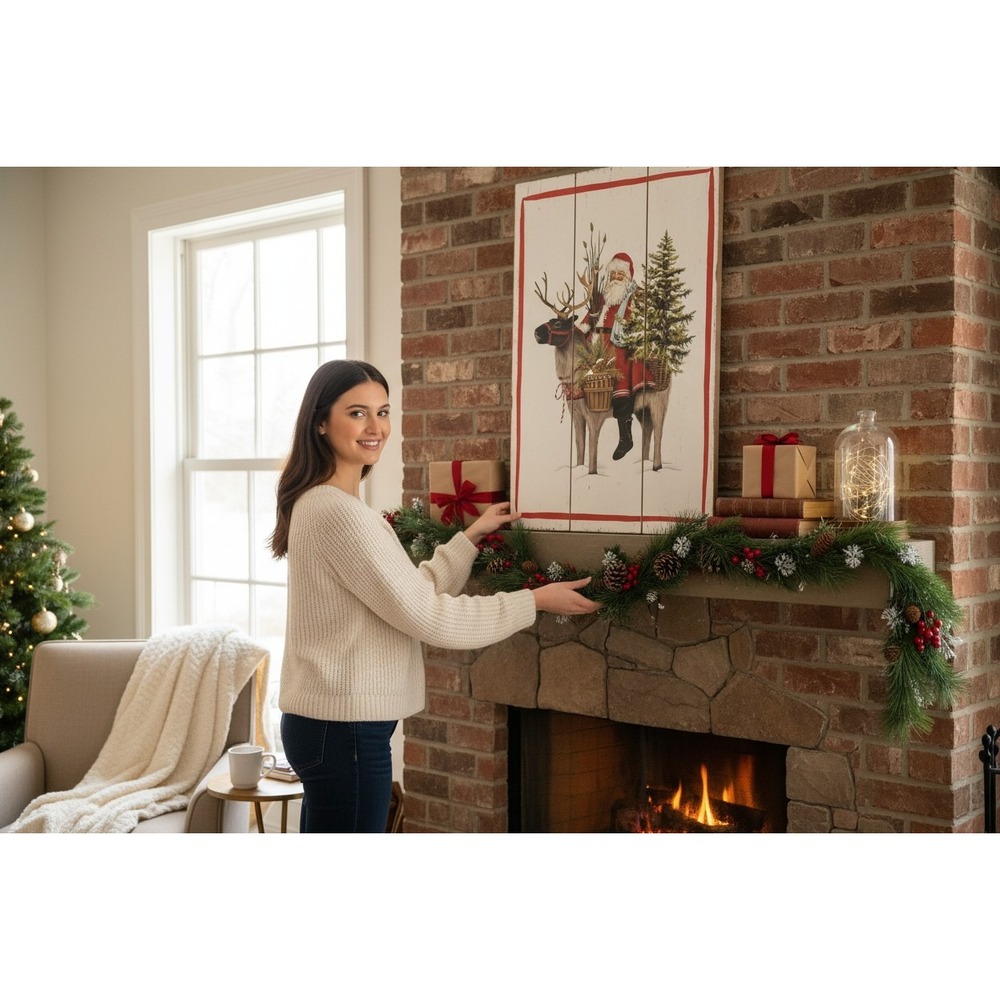 Creative Co-Op Wood Wall Decor Unisex OS White NWOT Santa Reindeer Art